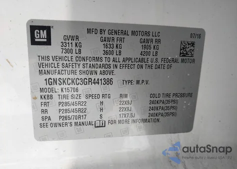 2016 Chevrolet Tahoe Ltz z USA, uszkodzony, nr VIN 1GNSKCKC3GR441386